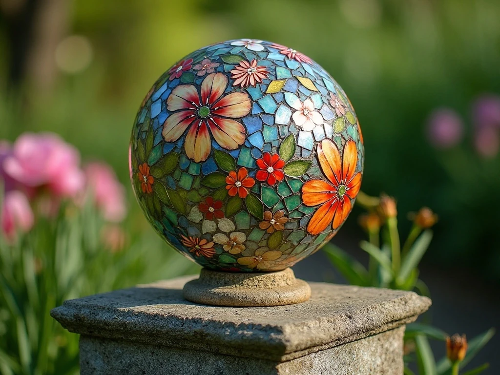 Finished DIY gazing ball displayed securely in a garden