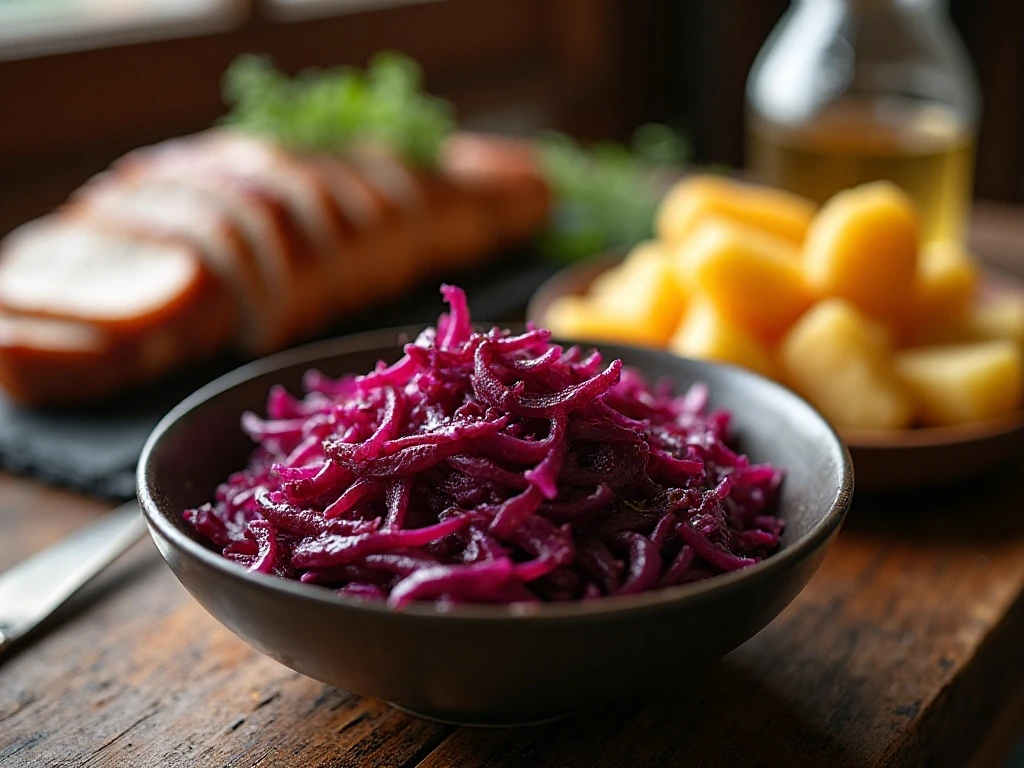 Authentic German red cabbage served with roast pork and potatoes
