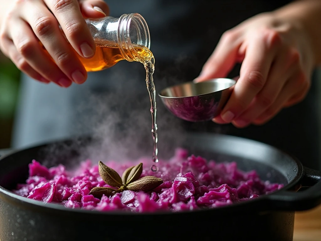 Vinegar and spices added to red cabbage for Rotkohl