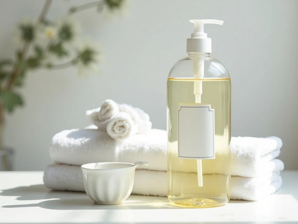 Jar of homemade laundry soap beside folded white towels