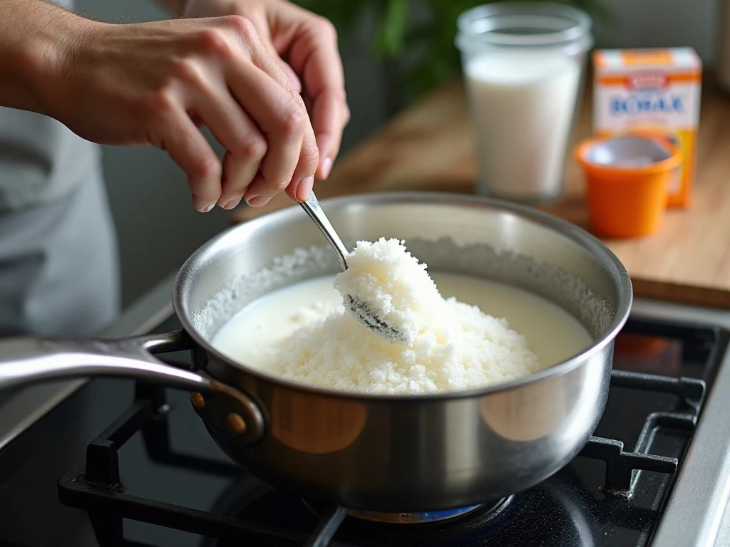 Grated laundry soap dissolving in water on the stovetop
