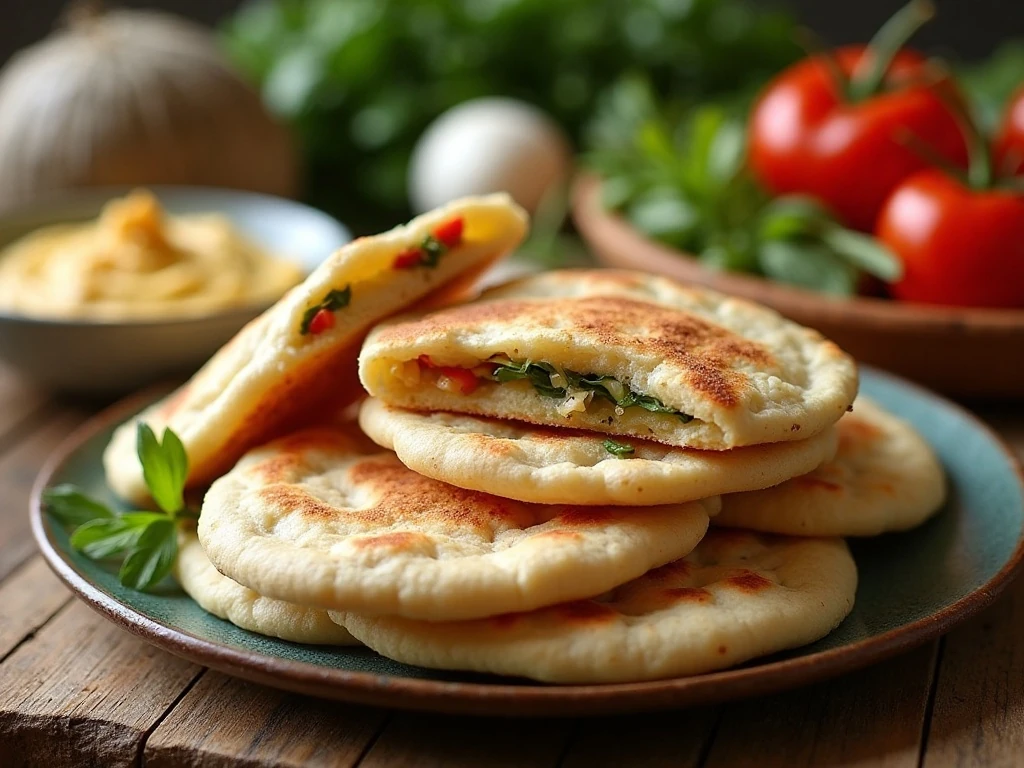 Stack of warm homemade pita breads with visible pockets