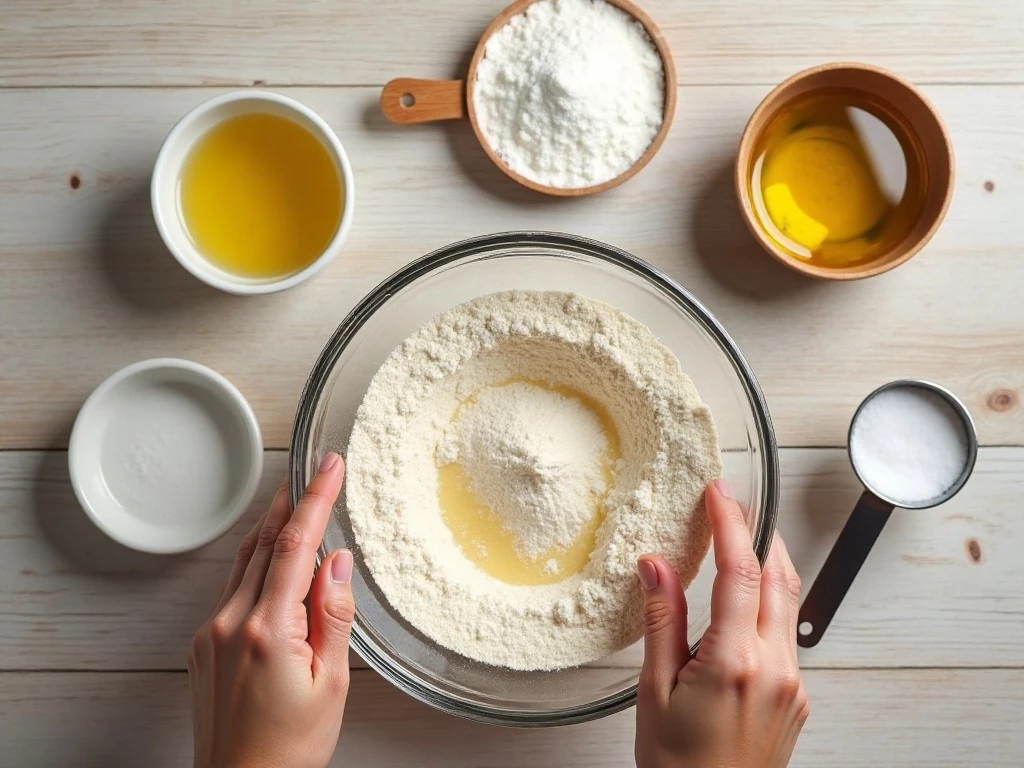 Ingredients for homemade pita bread arranged on a counter