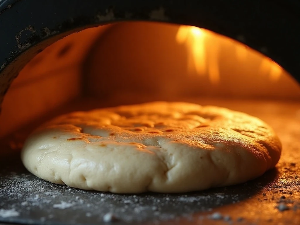 Homemade pita puffing on a hot baking surface