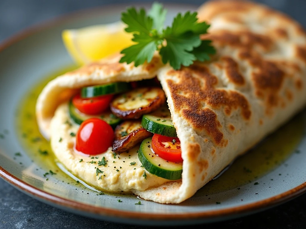 Fluffy pita bread served with hummus and fresh Mediterranean fillings