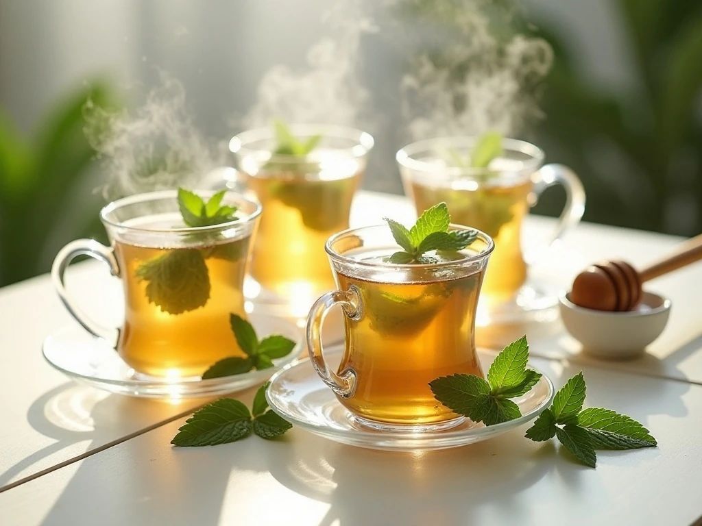Four cups of refreshing fresh mint tea with mint leaves