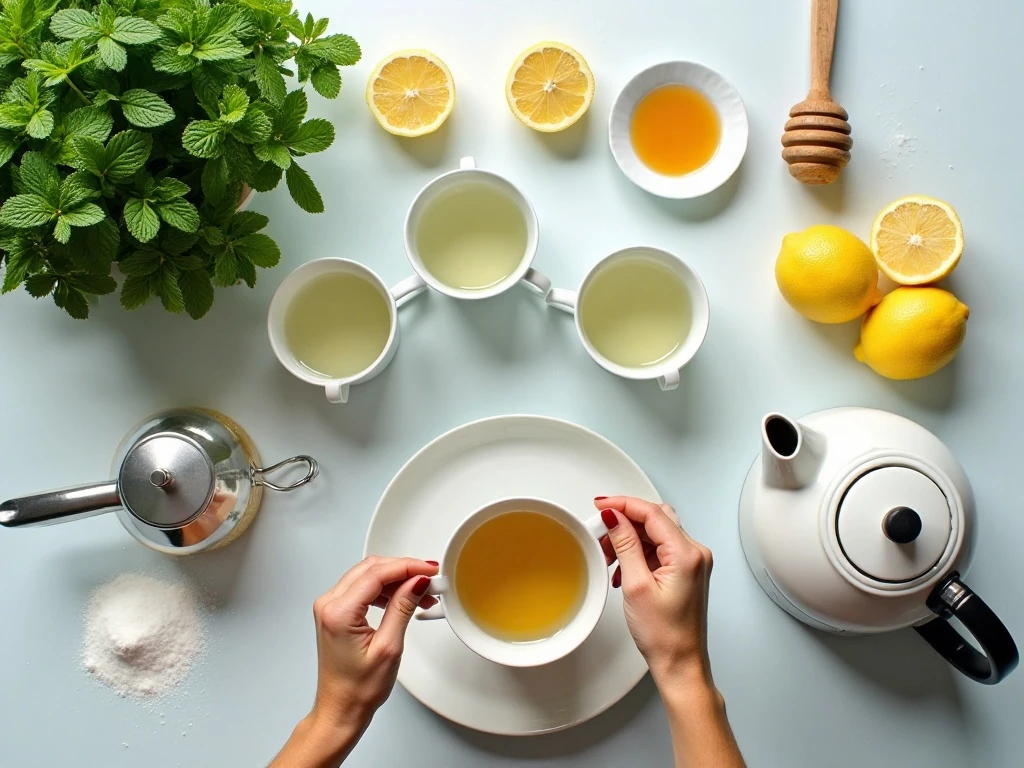 Fresh mint tea ingredients including mint, lemon, honey, and water