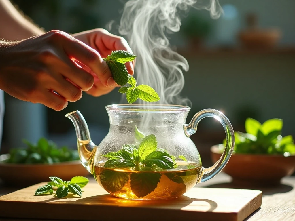 Pouring hot water over fresh mint to make tea