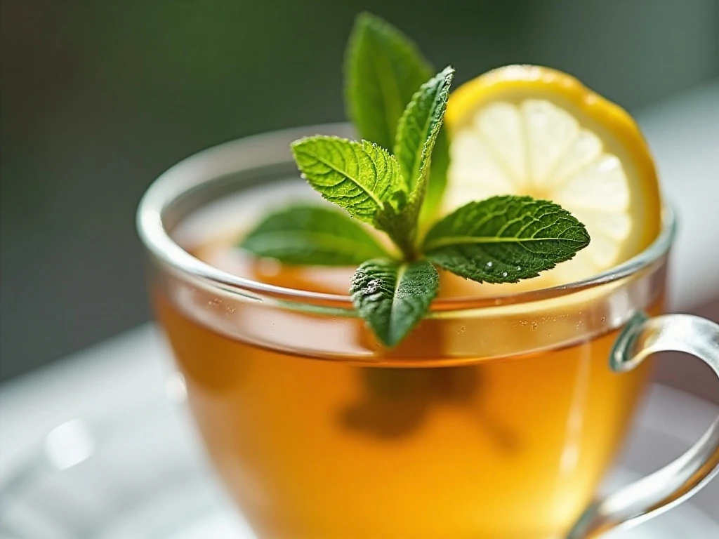 Close-up of mint and lemon garnish on fresh mint tea