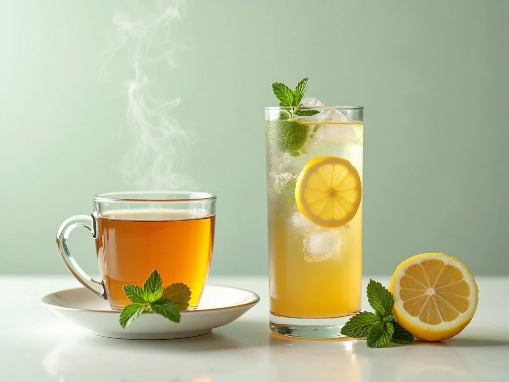 Hot and iced fresh mint tea served with lemon and mint