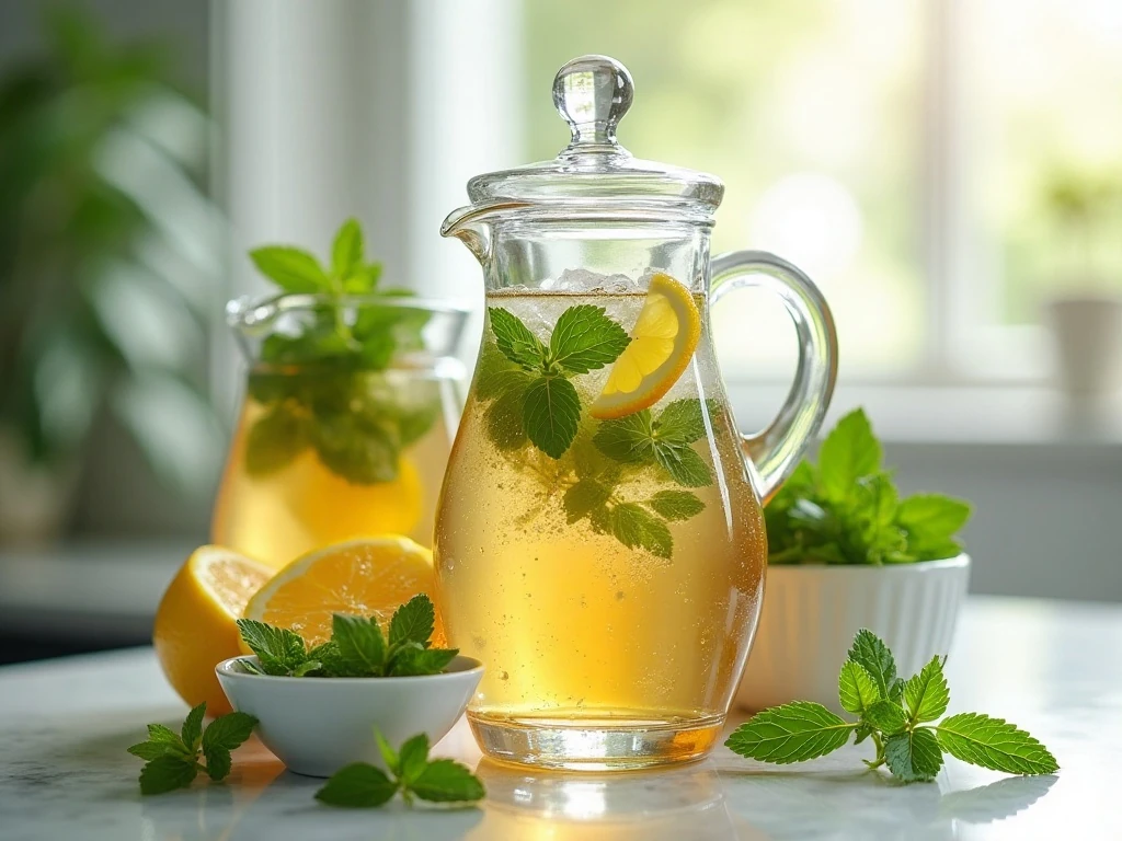 Chilled mint tea stored in a glass pitcher for serving later