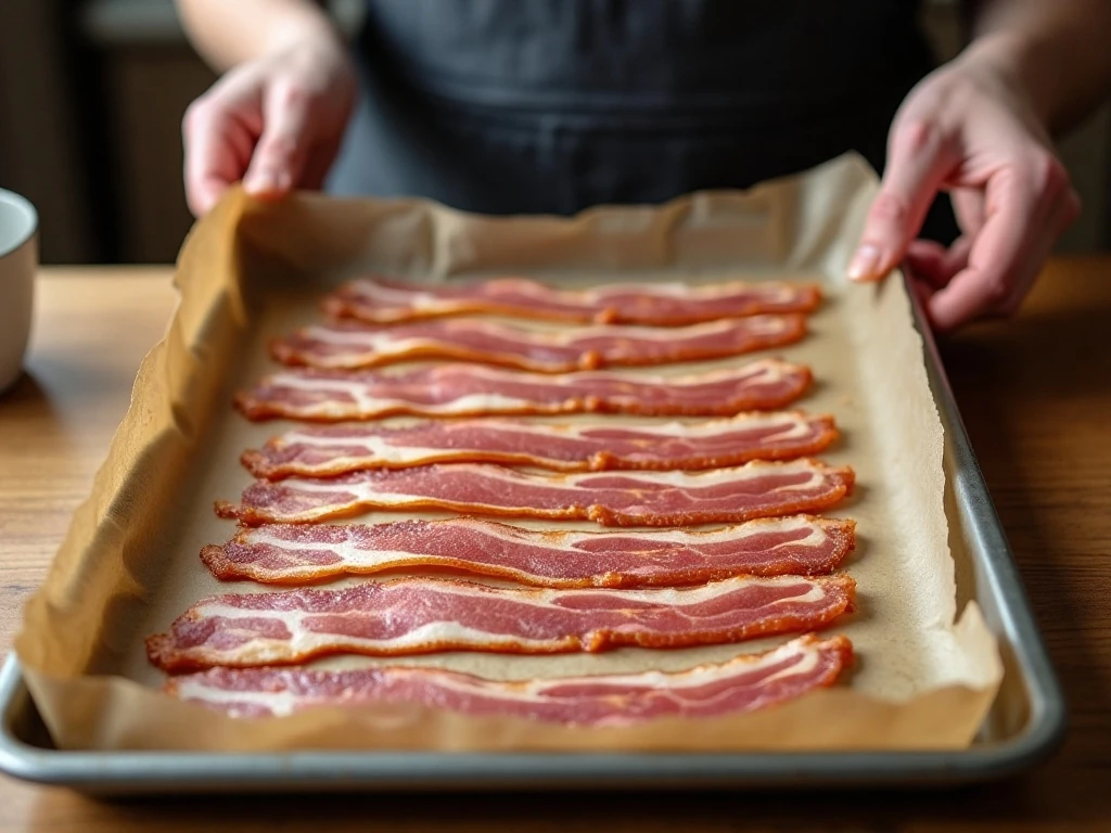 Bacon arranged in a single layer on a lined baking sheet