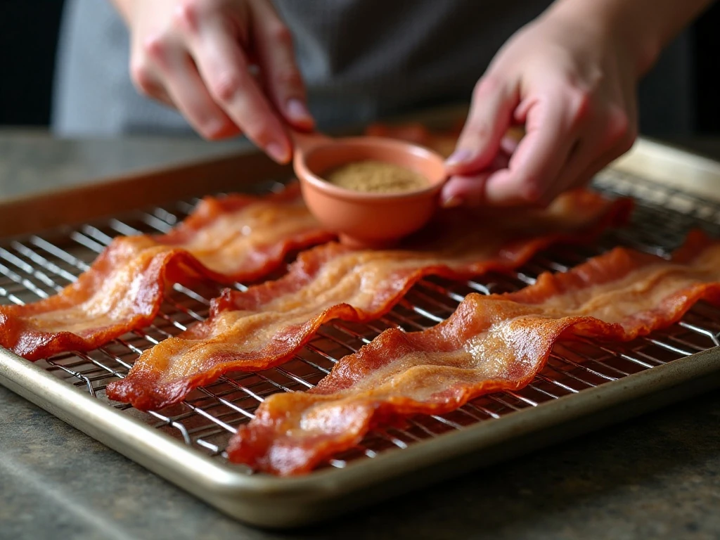 Oven-baked bacon draining on a wire rack for even crispness