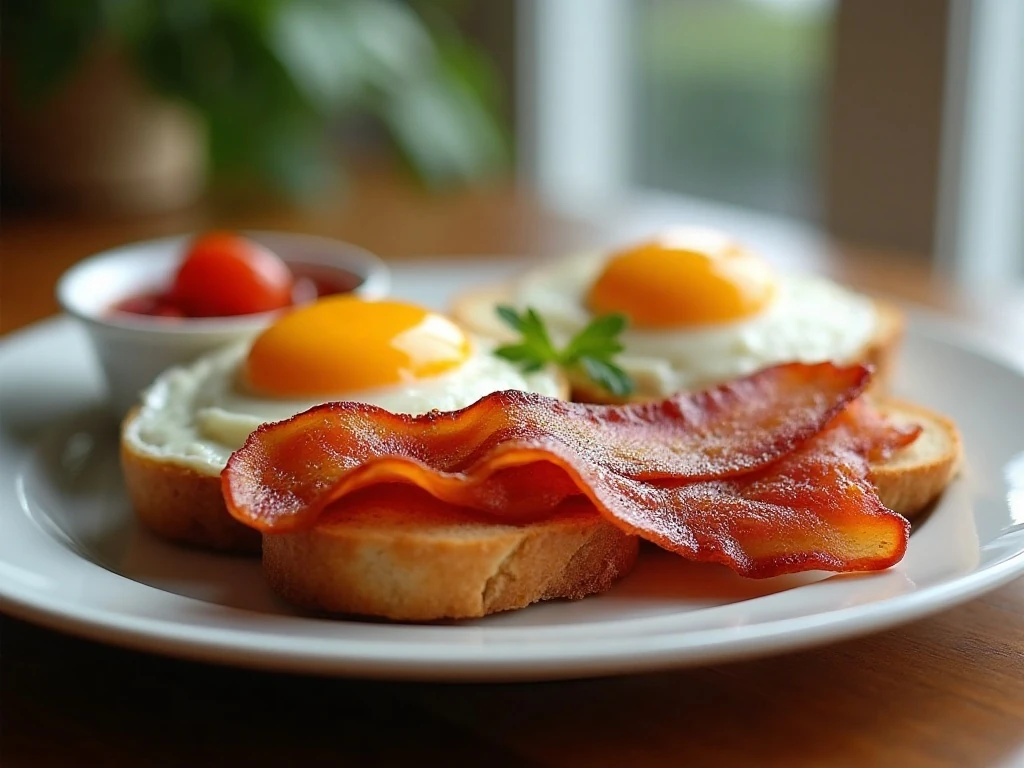 Perfect bacon served with toast, eggs, fruit, and jam