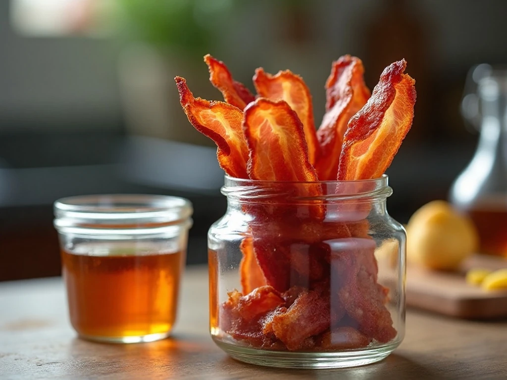 Cooked bacon and reserved rendered bacon fat ready for storage