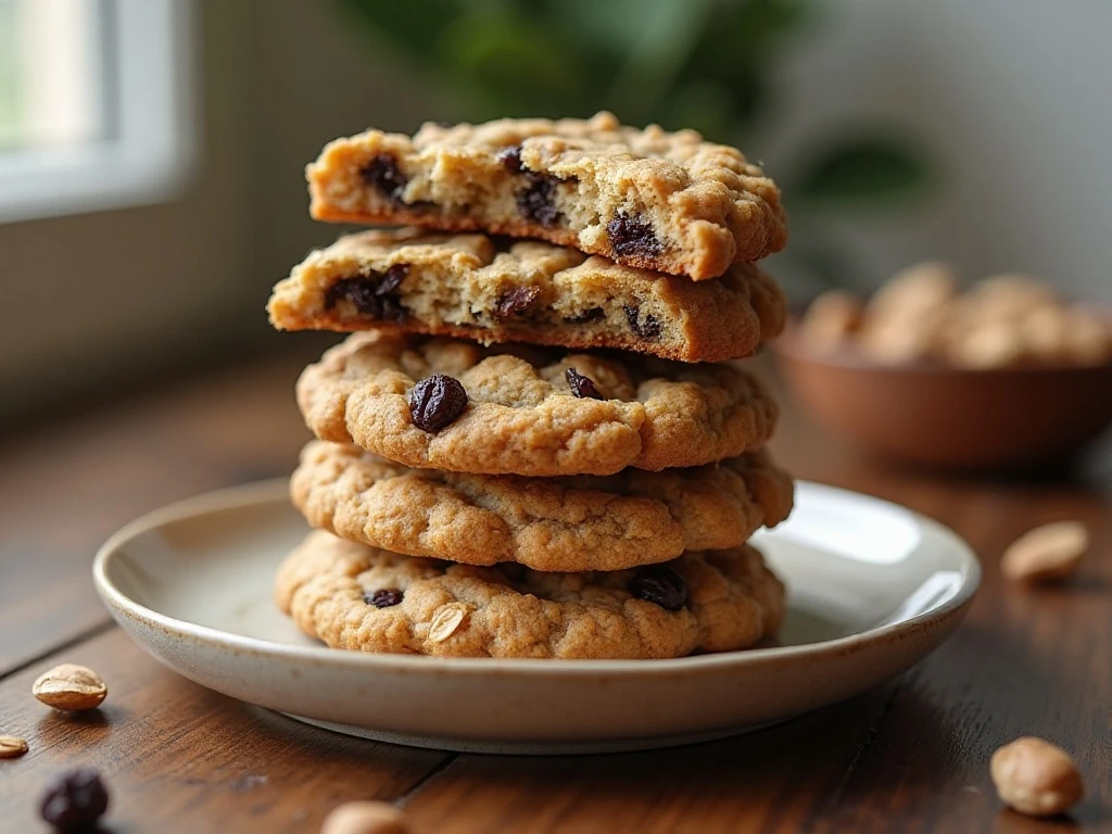Stack of soft-centered chewy oatmeal raisin cookies