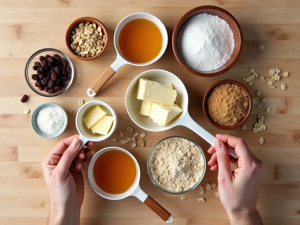 Ingredients for chewy oatmeal raisin cookies