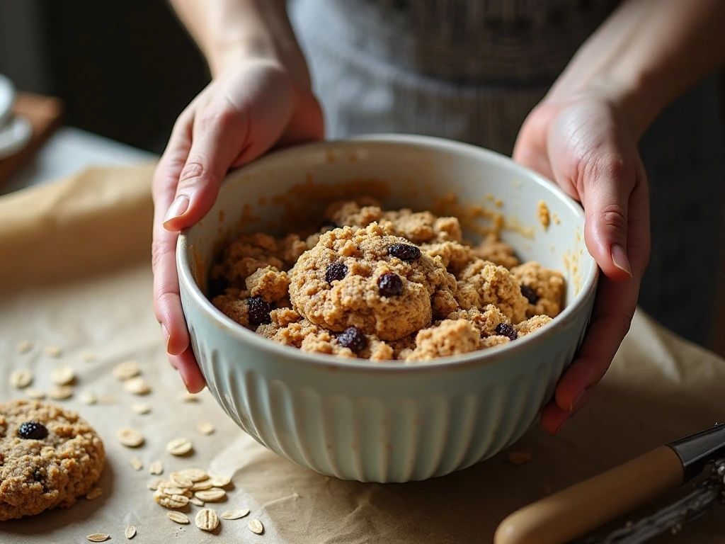 Mixing oats and raisins into oatmeal cookie dough