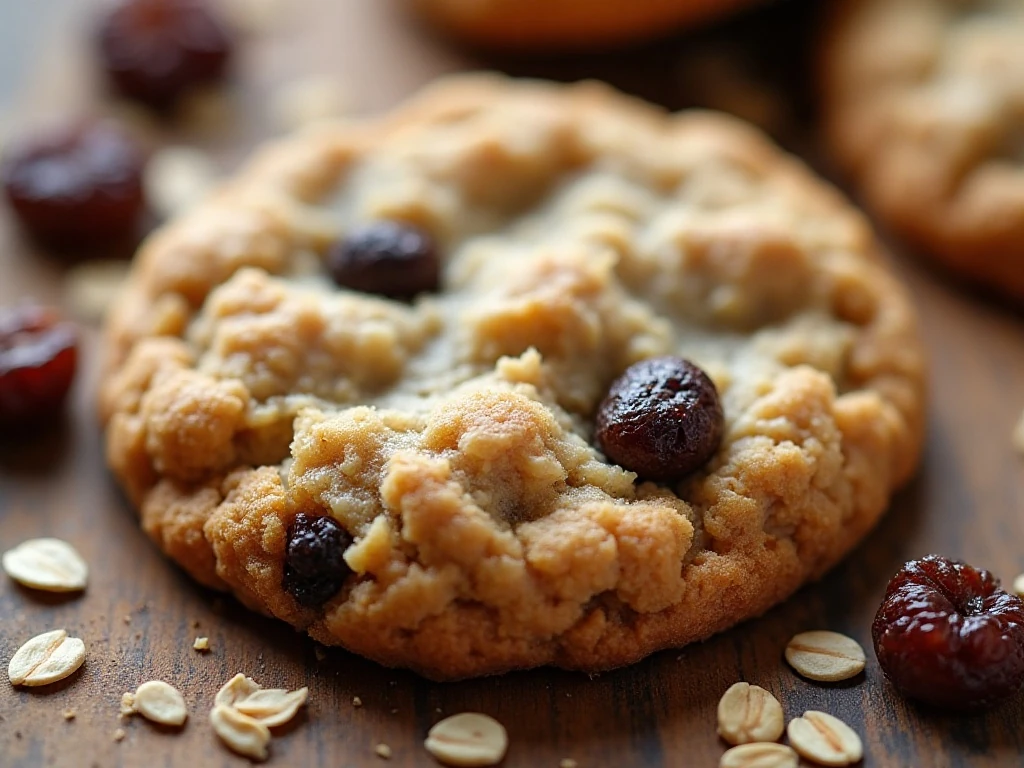 Close-up of a chewy oatmeal raisin cookie texture