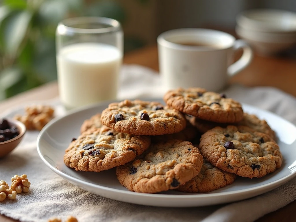 Oatmeal raisin cookies served with milk and coffee