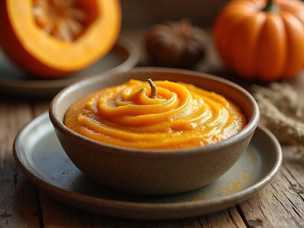 Smooth homemade pumpkin puree in a bowl beside a sugar pumpkin