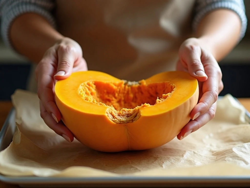 Pumpkin halves placed cut-side down on a lined baking sheet