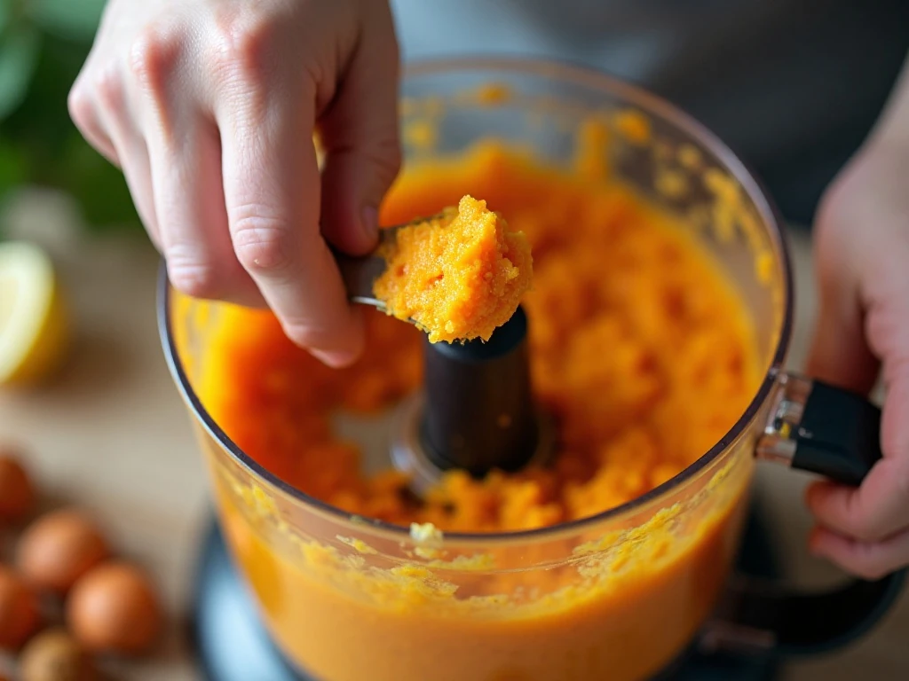 Roasted pumpkin flesh being blended into smooth puree