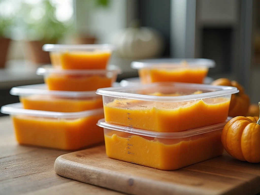 Portioned pumpkin puree prepared for refrigerator or freezer storage