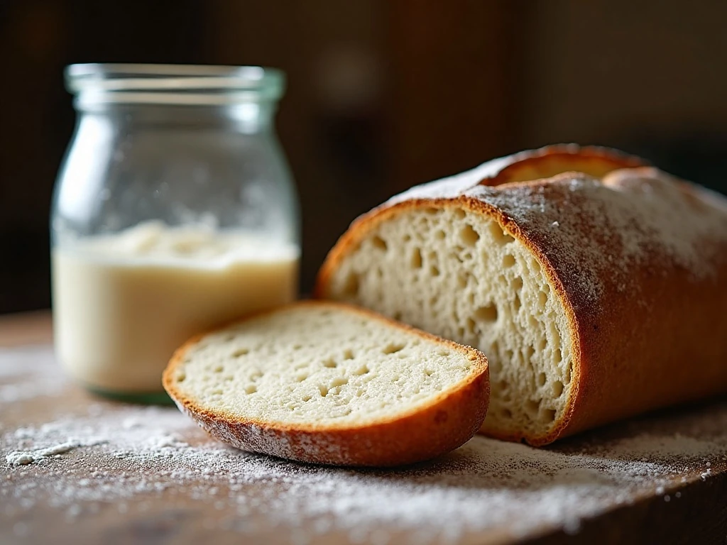 Rustic sourdough loaf served beside a jar of homemade sourdough starter