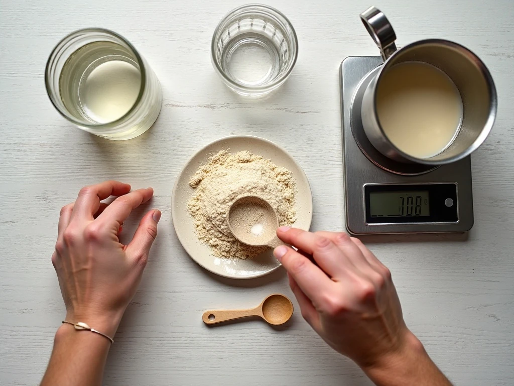 Flour, water, jar, scale, and tools for making sourdough starter