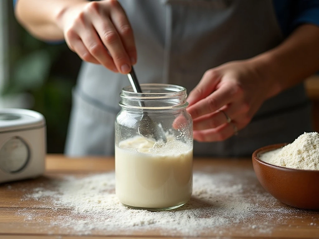 Sourdough flour and water being mixed in a glass jar