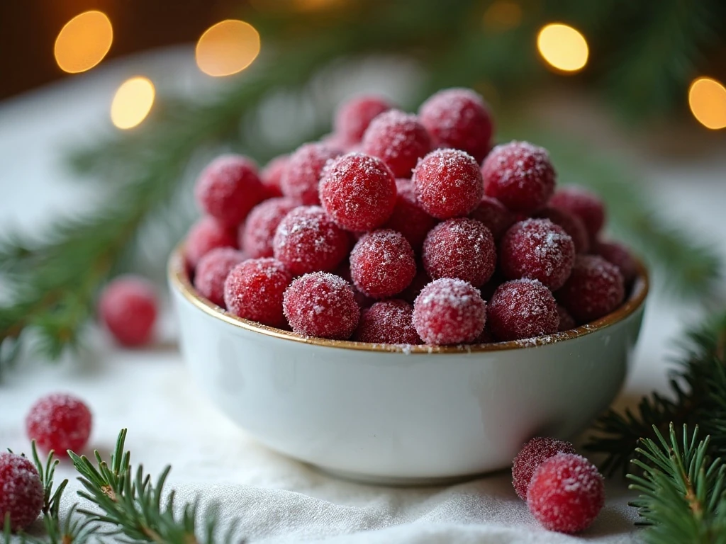 Bowl of sparkling sugared cranberries on a festive table
