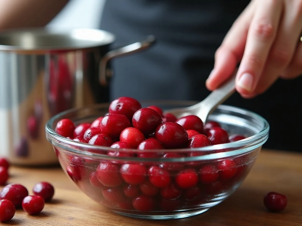 Fresh cranberries soaking in simple sugar syrup