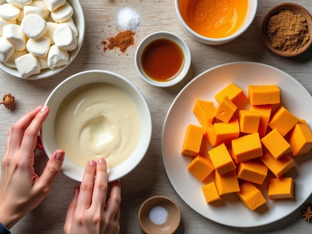 Ingredients for sweet butternut squash with marshmallows