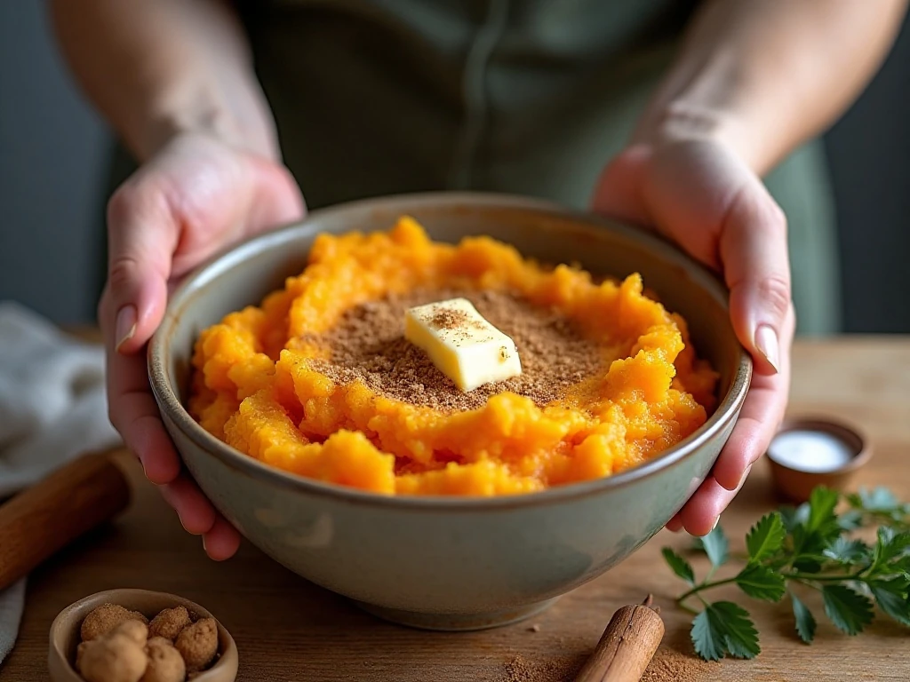 Mashing cooked butternut squash with butter and spices