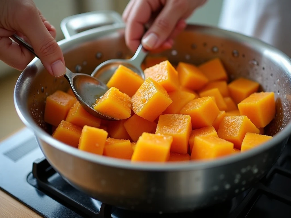 Draining boiled butternut squash before mashing