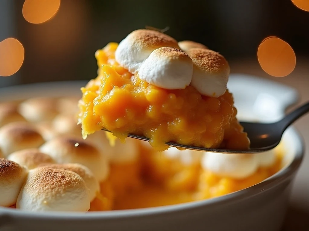 Serving creamy butternut squash casserole with marshmallows