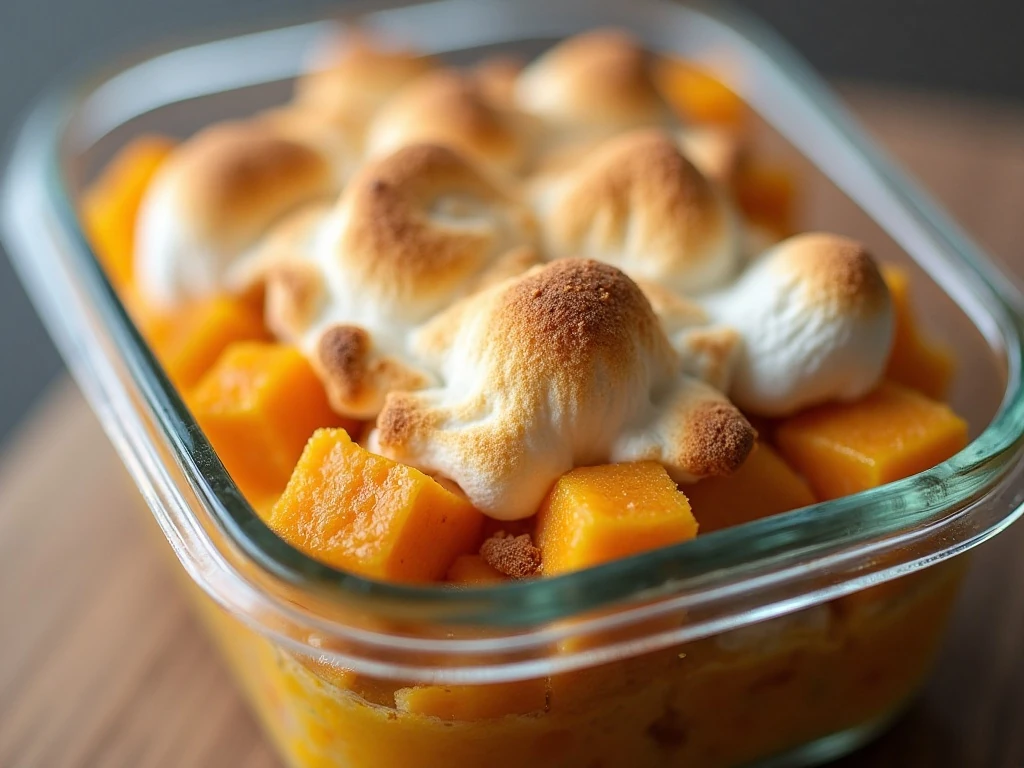 Stored sweet butternut squash casserole ready for reheating