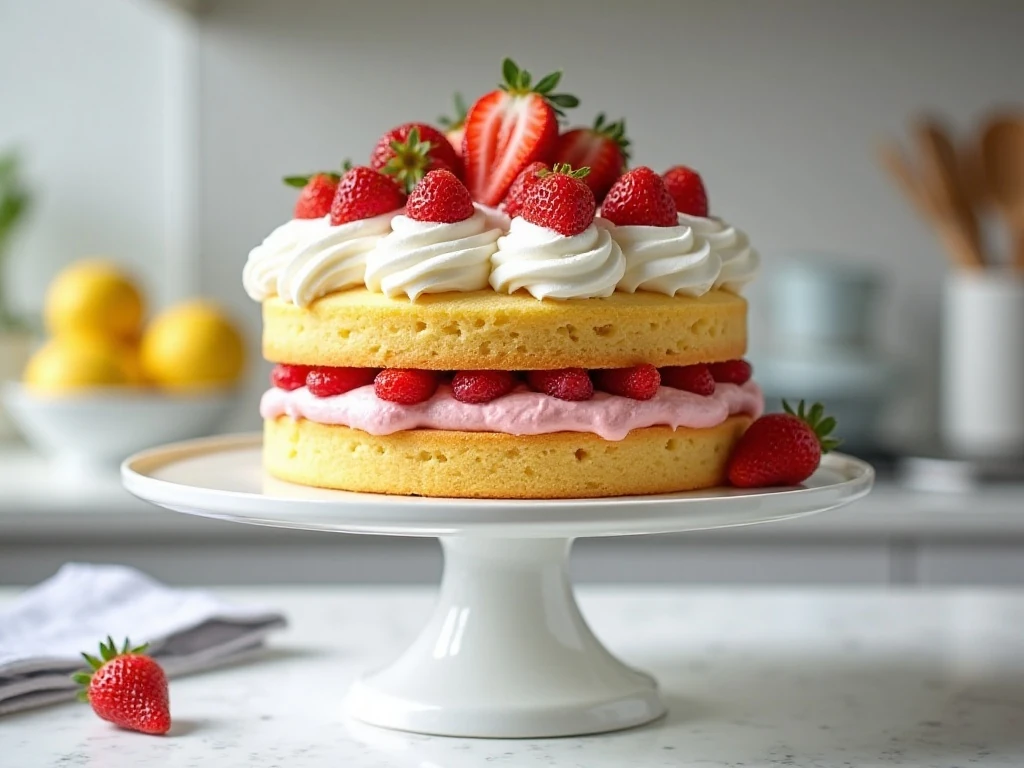 Two-layer strawberry cream lemon cake with whipped cream and fresh berries