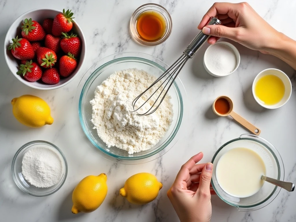 Ingredients for homemade strawberry cream lemon cake arranged on a counter