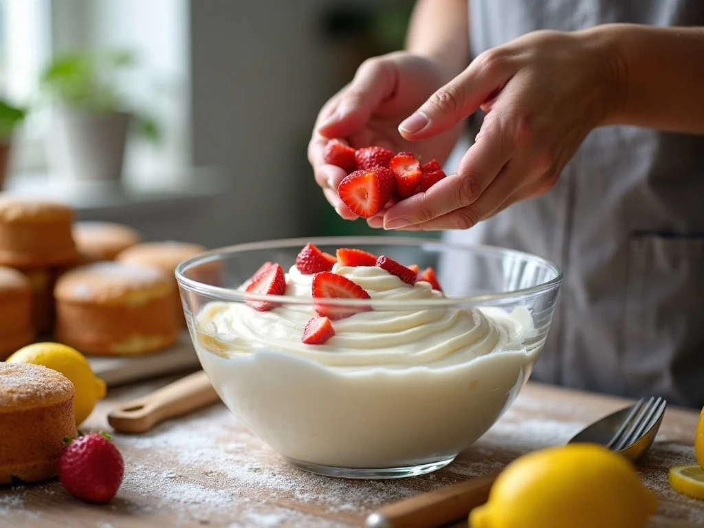 Folding chopped strawberries into whipped cream for the cake filling