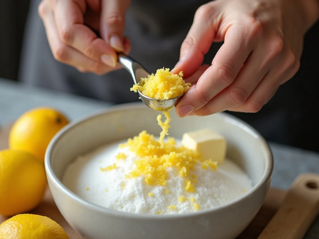 Fresh lemon zest being prepared for a tender lemon cake batter