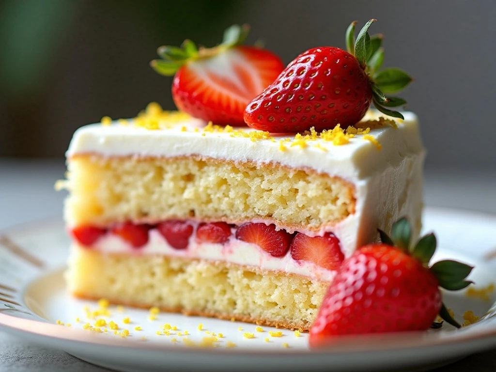 Close-up slice of chilled strawberry cream lemon cake with berry garnish