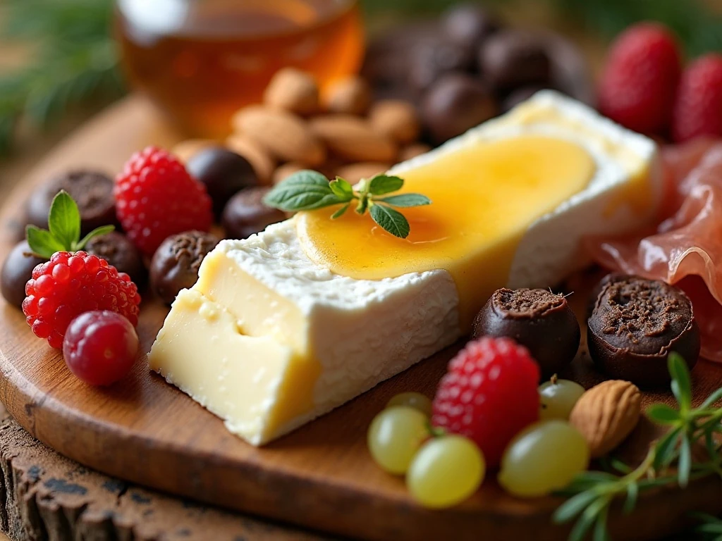 Close-up of cheese, fruit, nuts, prosciutto, and garnishes on a party snack board