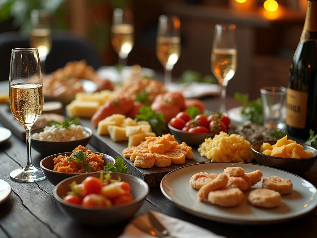 New Year's Eve snack board set up for guests with serving utensils and party plates