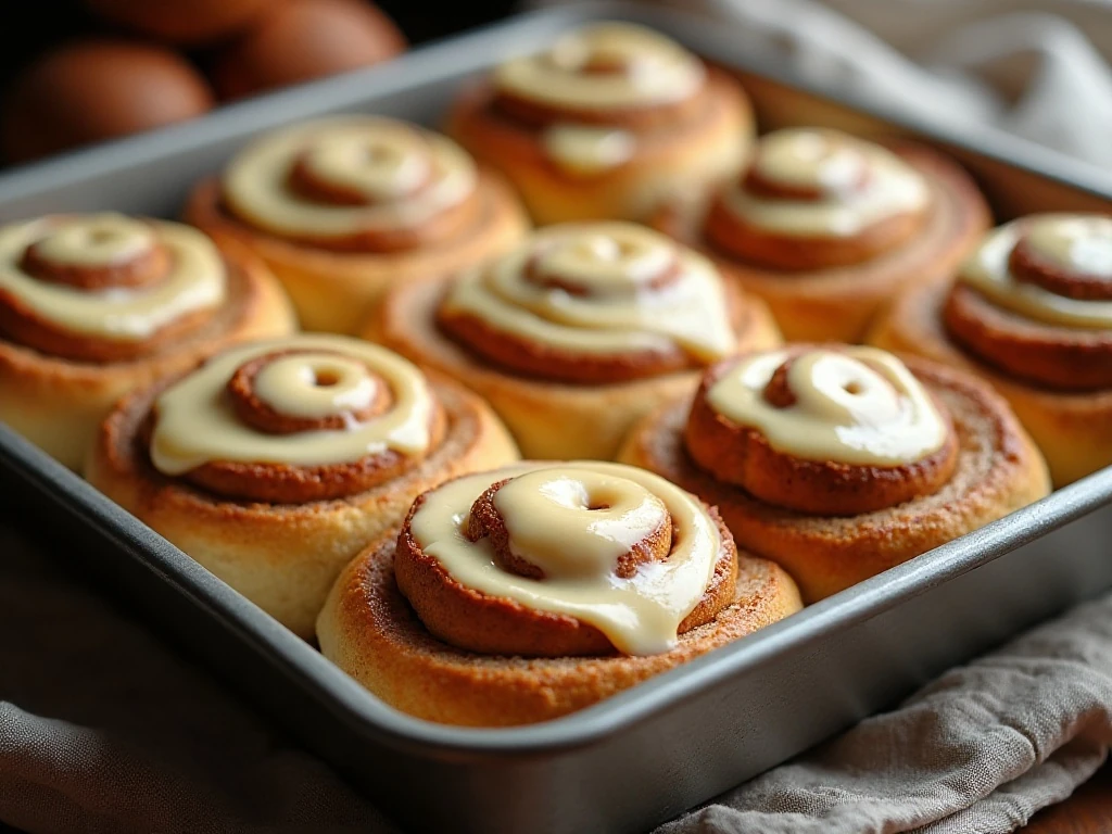 Golden buttery cinnamon rolls covered with cream-cheese frosting