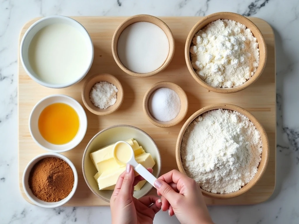 Ingredients for buttery cinnamon rolls arranged for baking