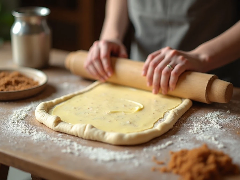 Rolling cinnamon-roll dough and spreading it with softened butter