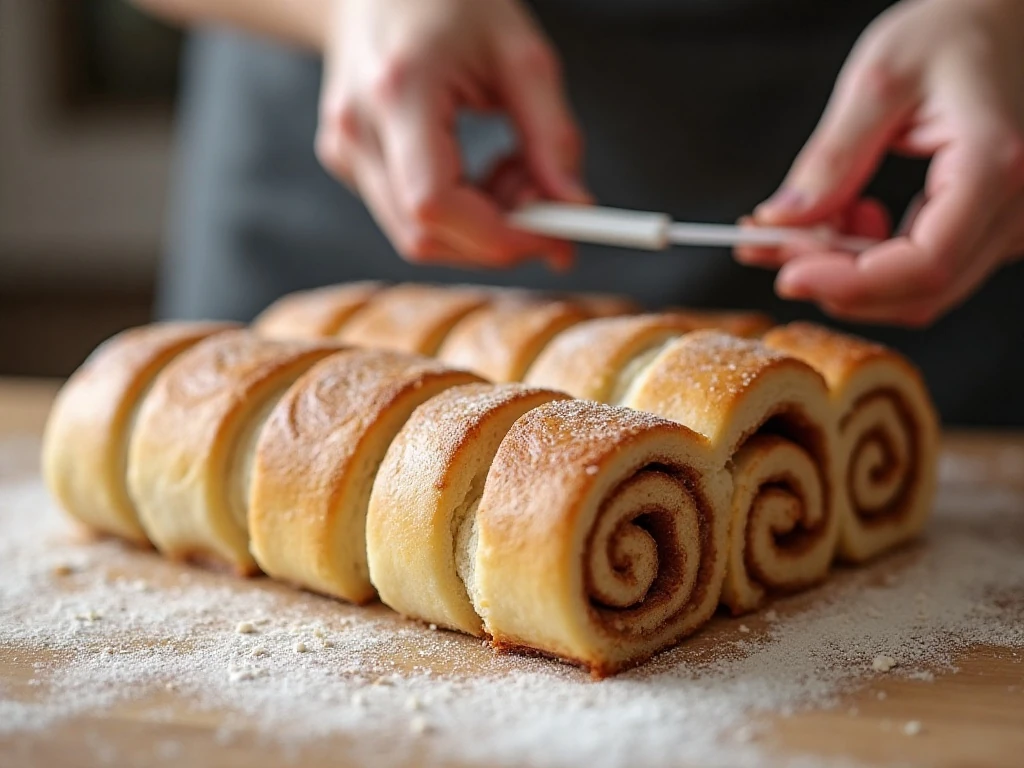 Cutting an even cinnamon-roll log with dental floss