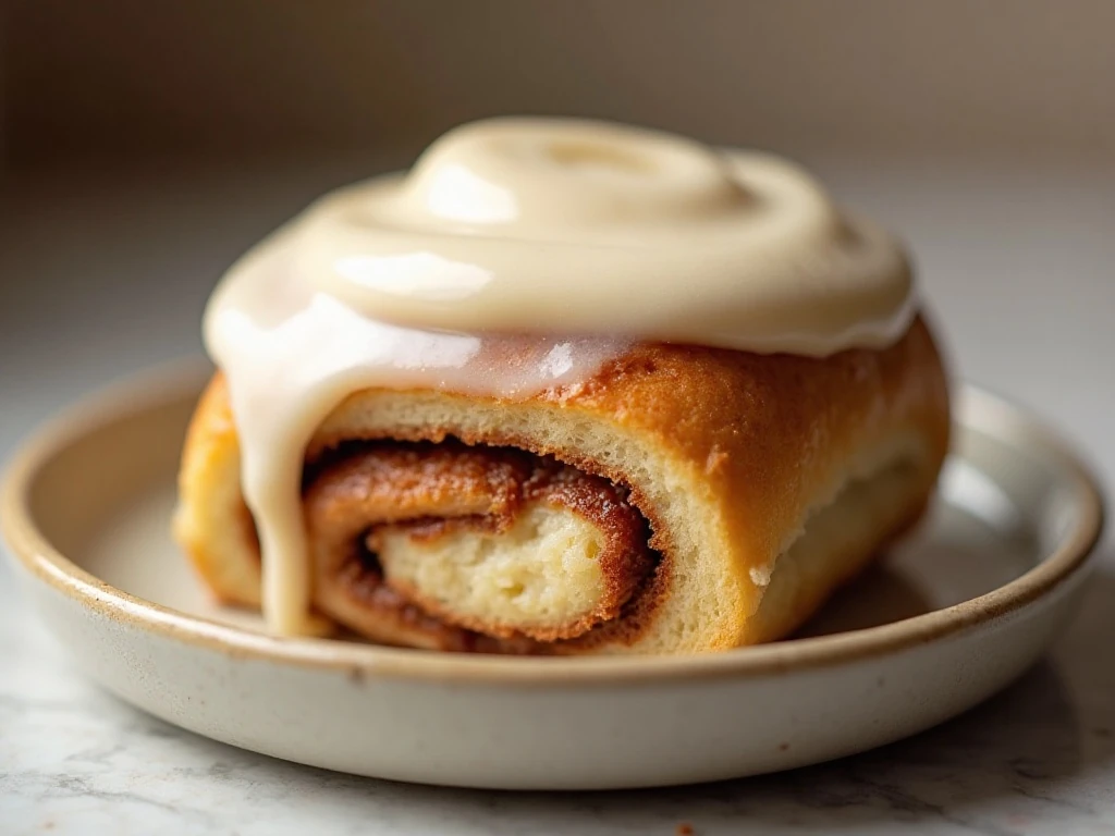 Close-up of a warm frosted cinnamon roll ready to serve